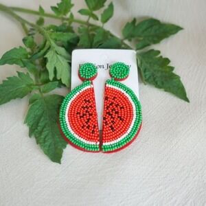 Watermelon Seed Beaded Earrings Summer Fun Jewelry Fruit Dangle Drop‎ Earrings